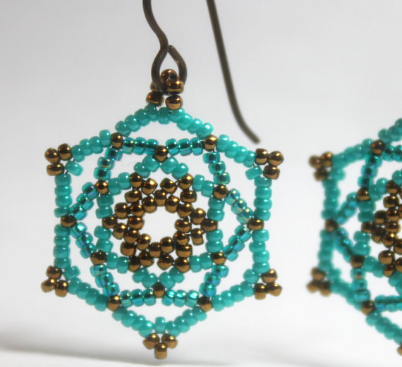 Mandala Star Beaded Earrings In Turquoise Teal Bronze on Luulla